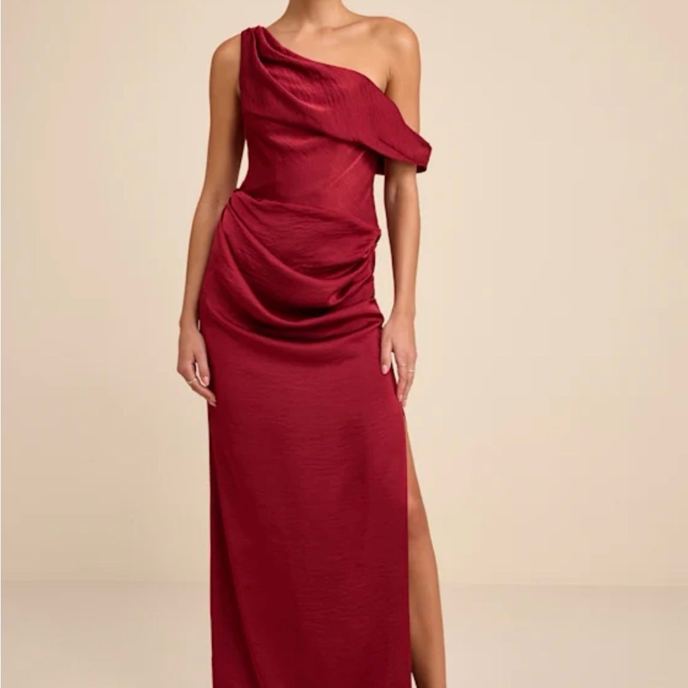 Lulu's Aviana Dark Red Satin Asymmetrical Maxi Dress